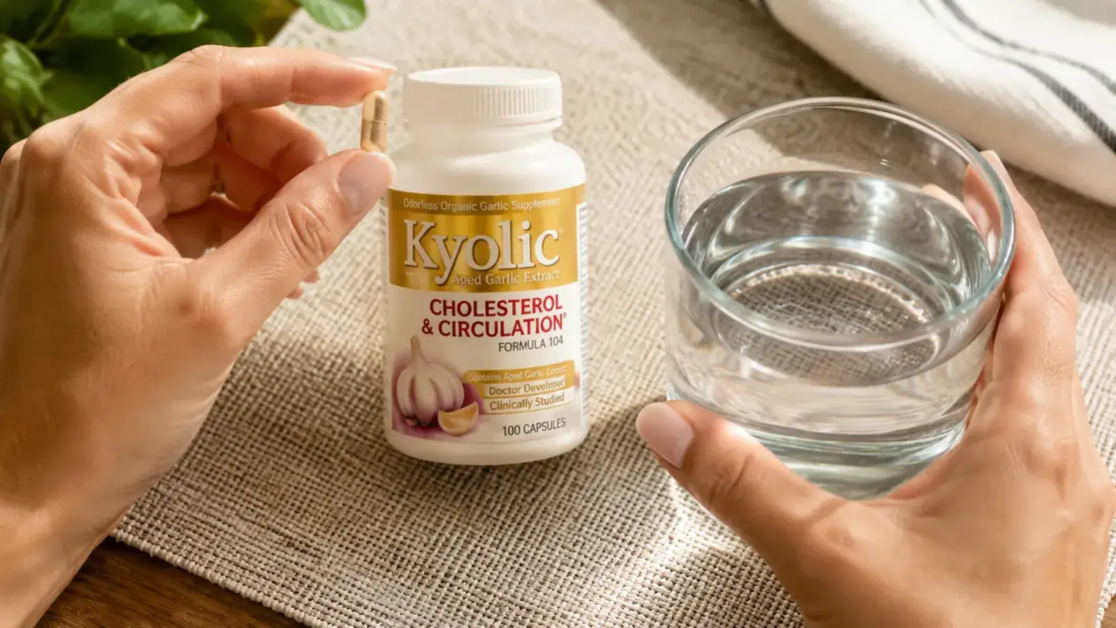 Hand holding a Kyolic aged garlic extract capsule over a glass of water on a linen placemat
