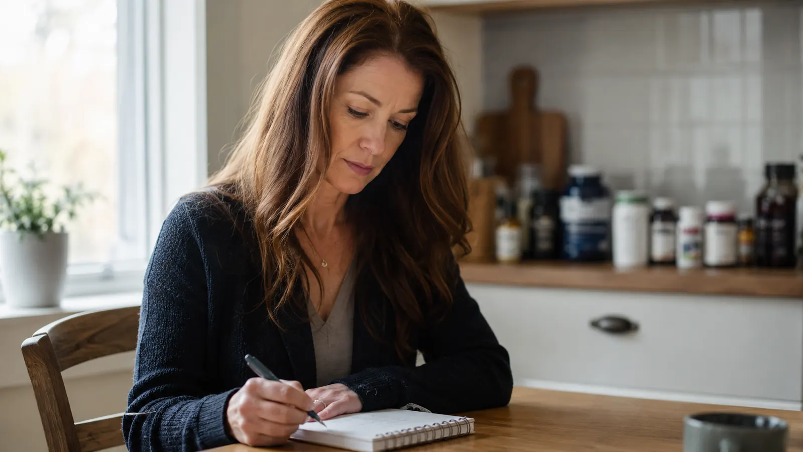 Woman writing in a supplement notebook at a kitchen table with herbal bottles in the background