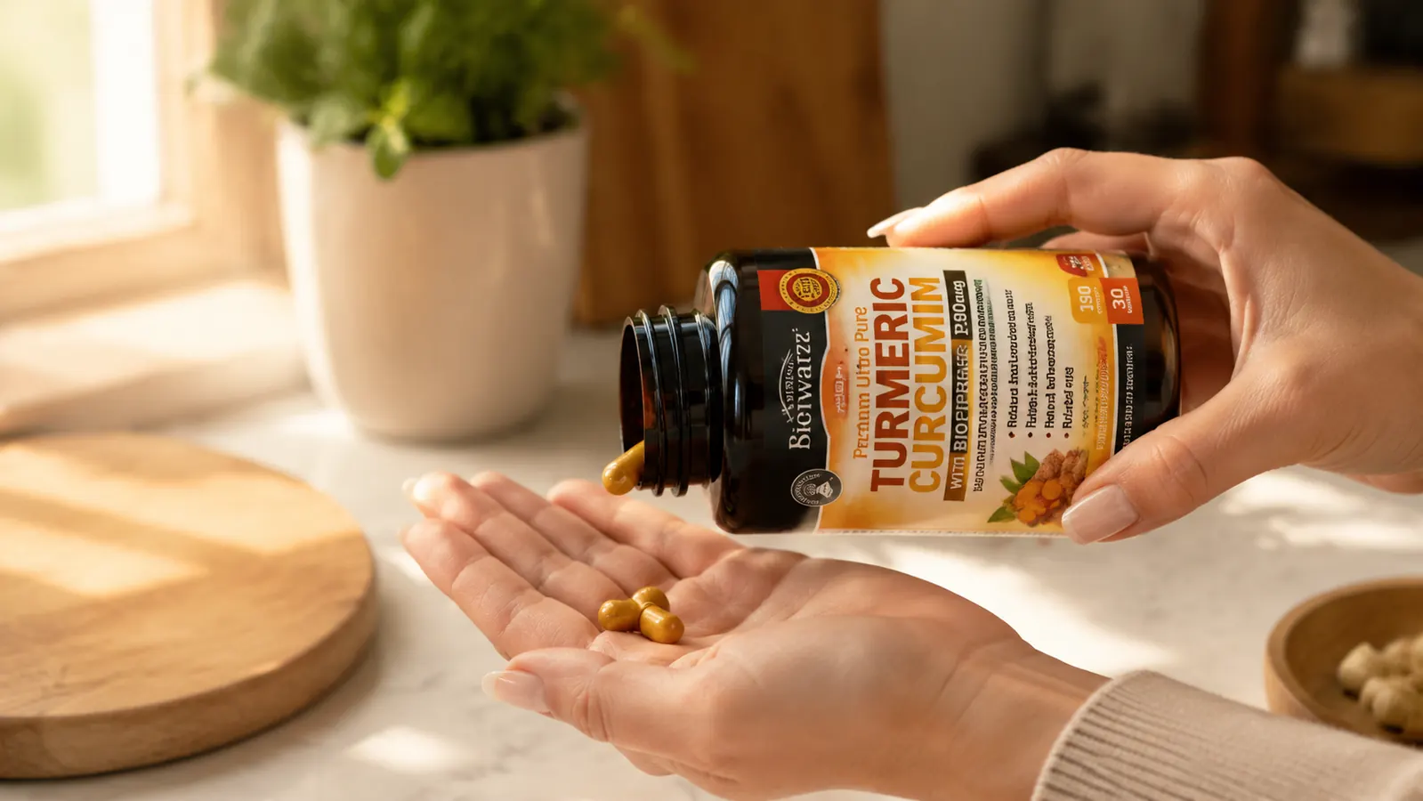 Hand holding a BioSchwartz turmeric curcumin bottle open, about to shake capsules into palm, kitchen counter background