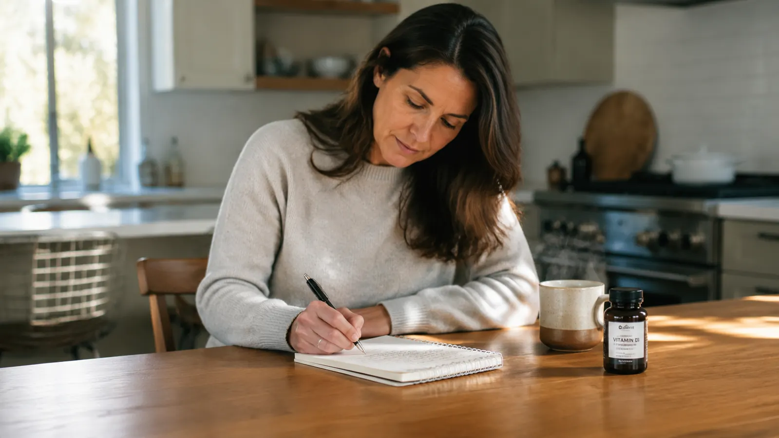 Woman writing in a wellness journal at a kitchen table with a supplement bottle and mug of tea nearby