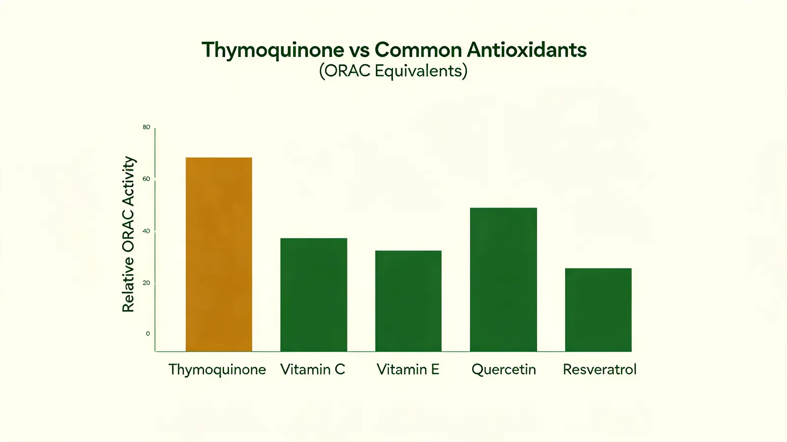 Simple bar chart showing antioxidant activity comparison between thymoquinone and common antioxidants