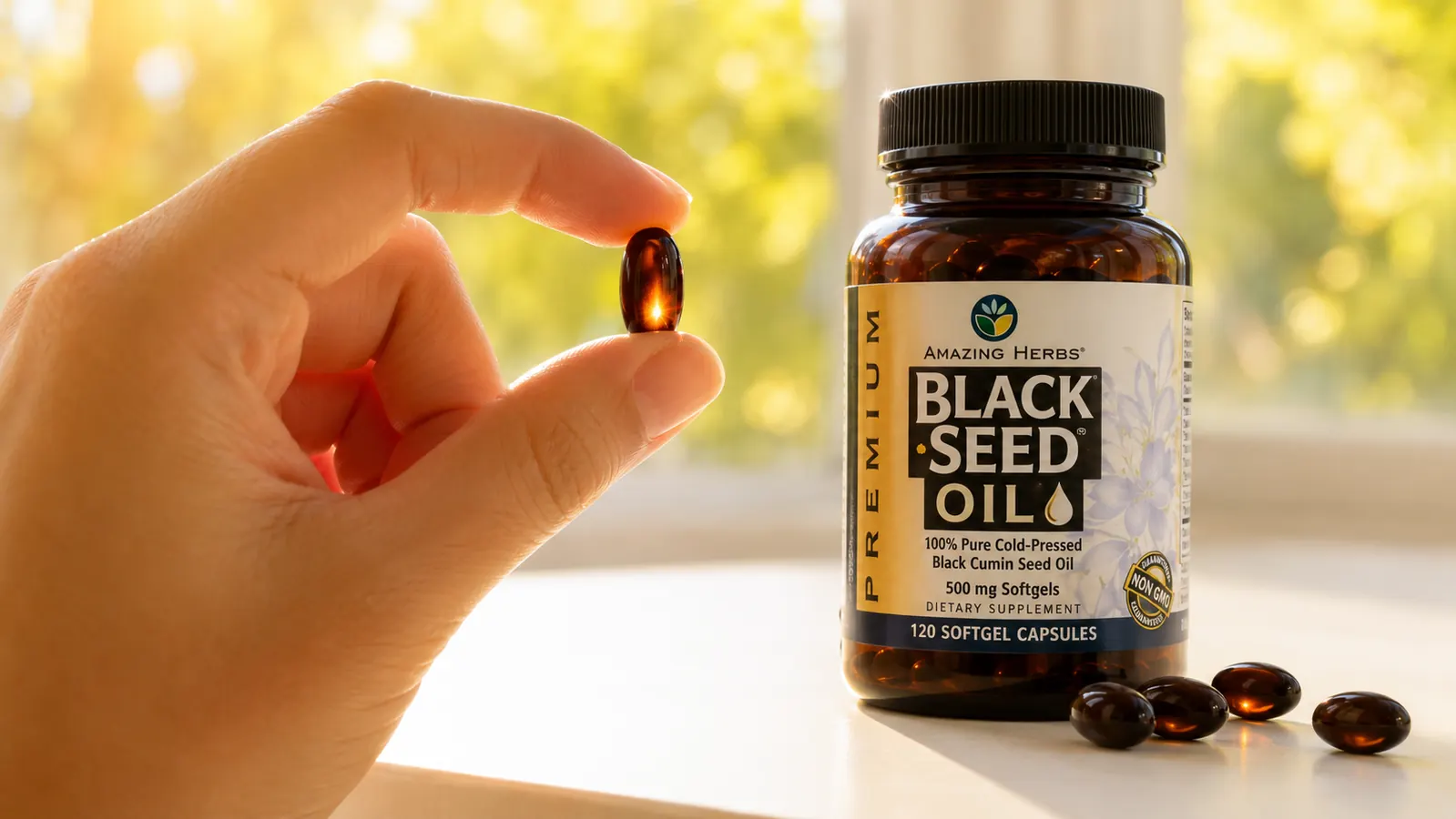 Hand holding an Amazing Herbs Black Seed Oil softgel capsule up to natural window light, showing the dark amber oil visible through the translucent capsule