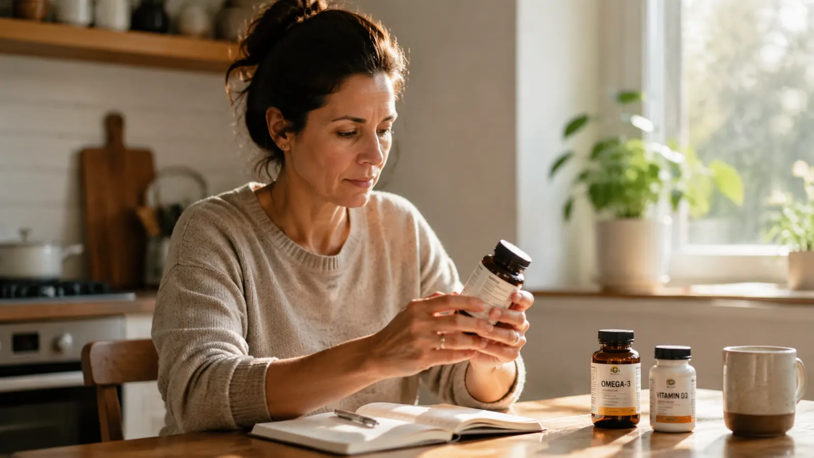 Woman in her 40s reading a supplement label at a bright kitchen table, a notebook and multiple supplement bottles visible beside her coffee mug