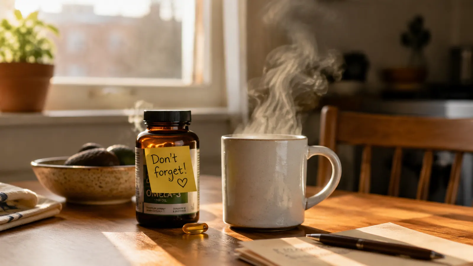 Kitchen table with a cup of coffee, a supplement bottle, and a book, suggesting a quiet early morning routine