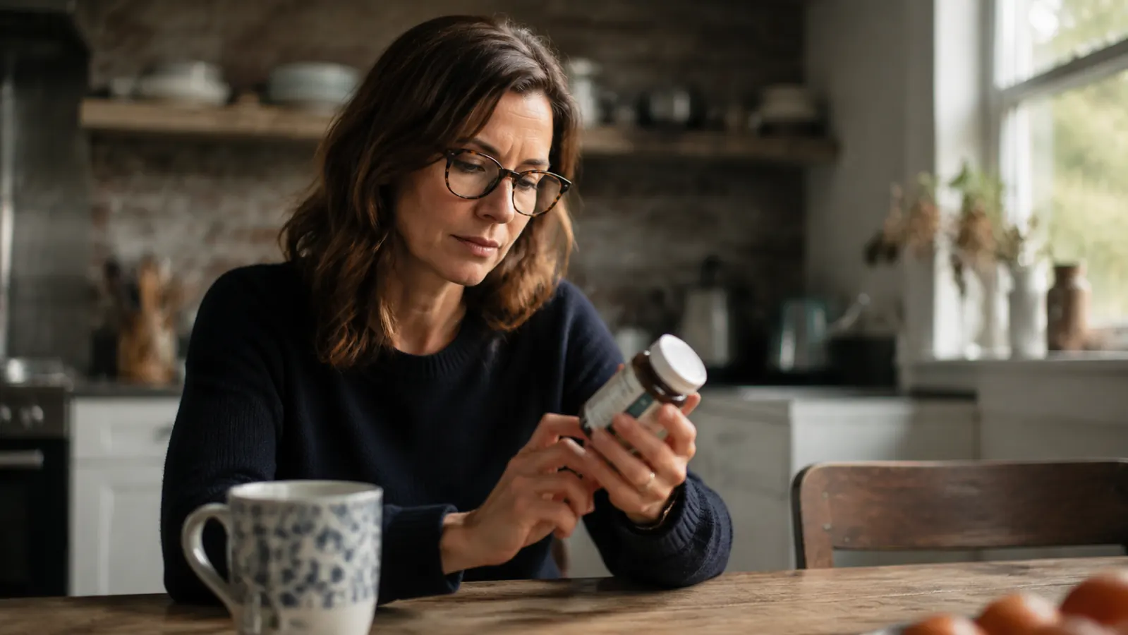 Woman reading a supplement label at her kitchen table with a cup of tea nearby