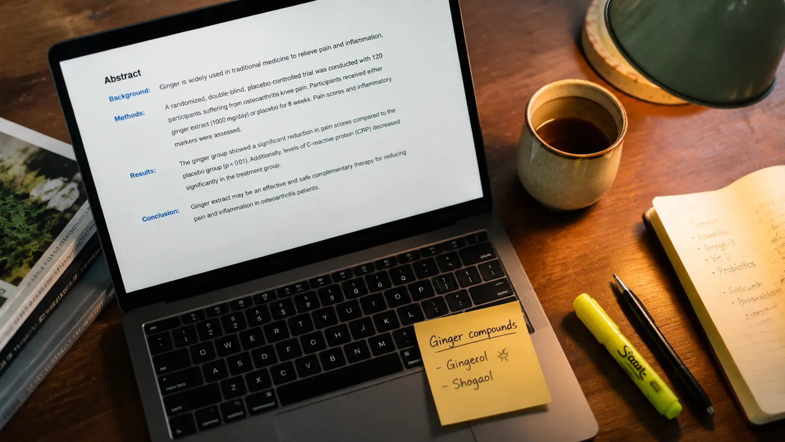 Close-up of a PubMed abstract on a laptop screen, a sticky note beside it with the word 'gingerol?' written on it