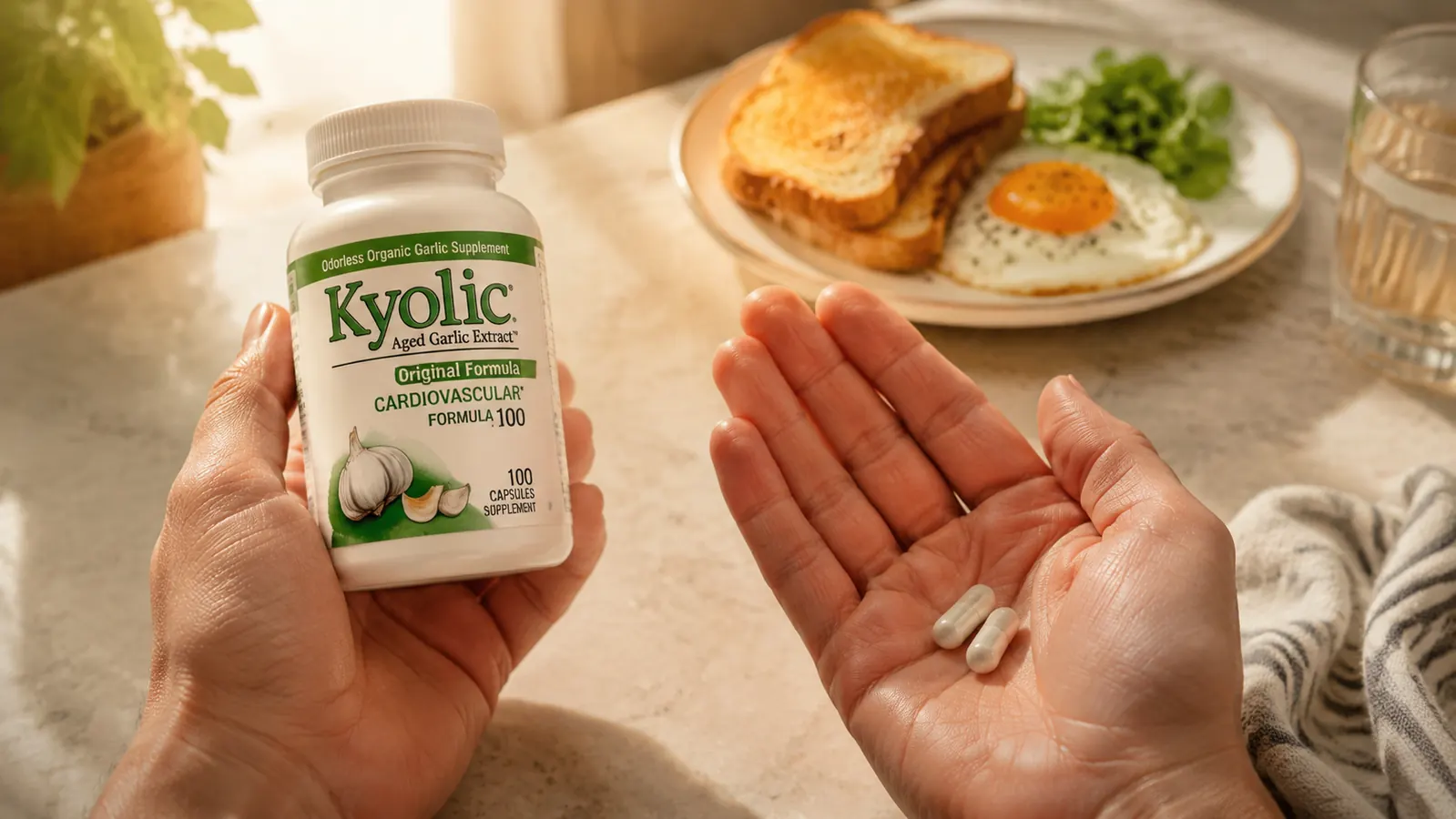 Two aged garlic extract capsules in an open palm next to a small bowl of food, showing with-meal timing