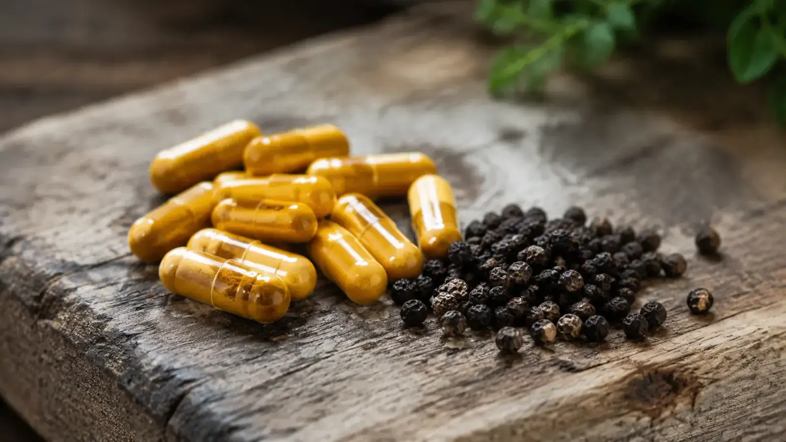 Turmeric curcumin capsules next to a small pile of black peppercorns on a wooden surface