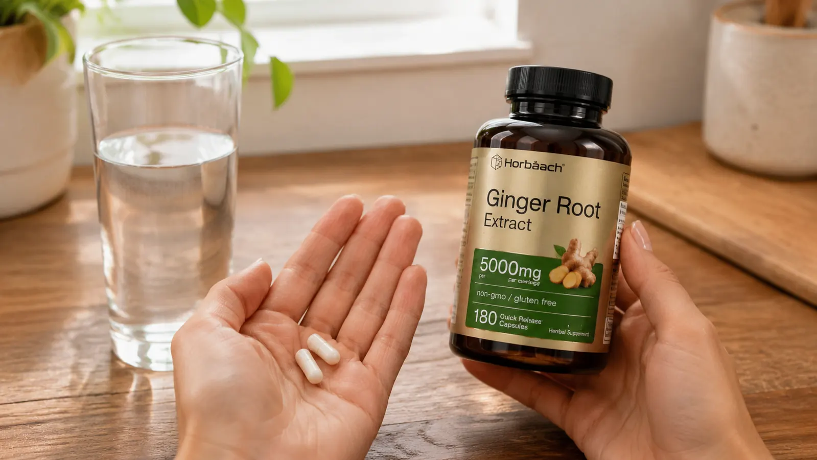 Close-up of a hand holding two ginger root extract capsules over a glass of water on a wooden kitchen table