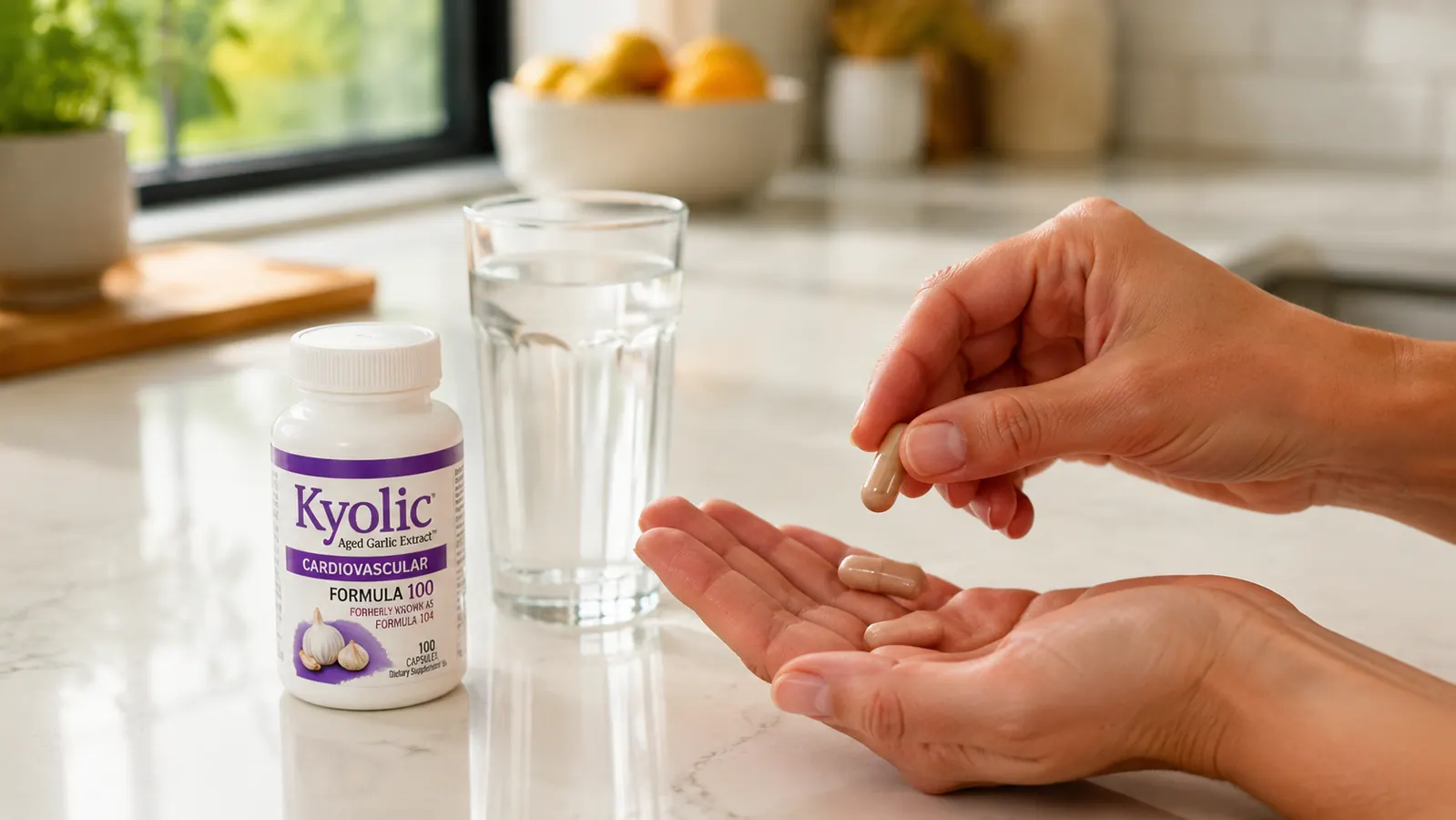 A hand placing a Kyolic Formula 100 capsule on a flat palm next to a glass of water on a kitchen counter
