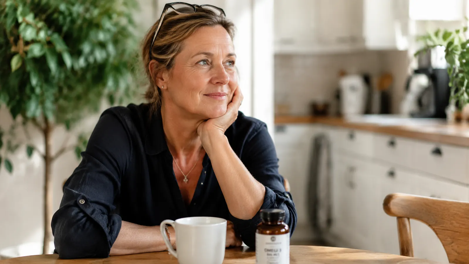 Woman at a kitchen table with a cup of tea, supplement bottle in front of her, relaxed morning setting with plant in background
