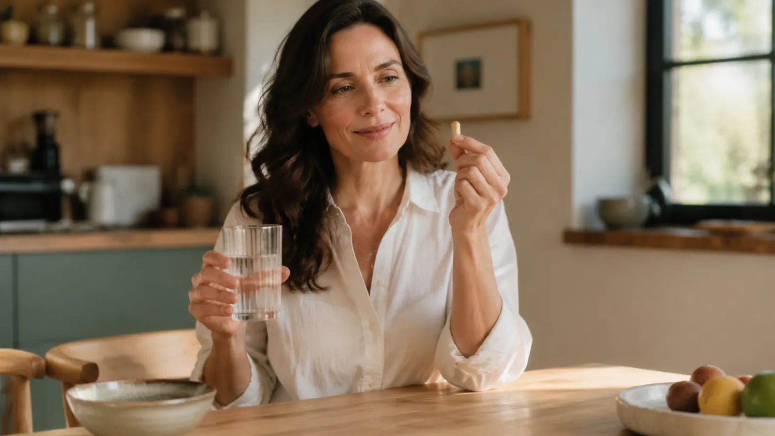 Woman in her 40s taking a supplement capsule with a glass of water at a kitchen table, morning light, relaxed expression