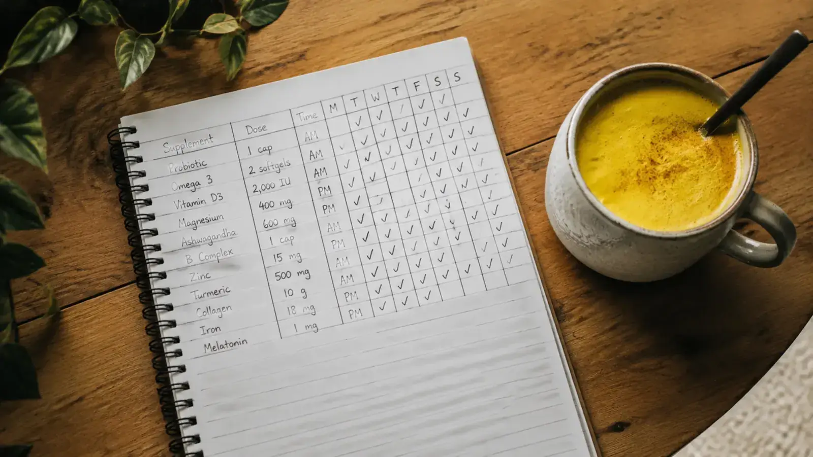A notebook open on a kitchen table showing a supplement tracking log with dates and handwritten notes next to a cup of golden turmeric tea