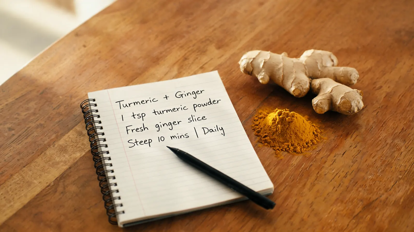Open notebook with supplement label notes next to turmeric powder and fresh ginger root on a wooden table