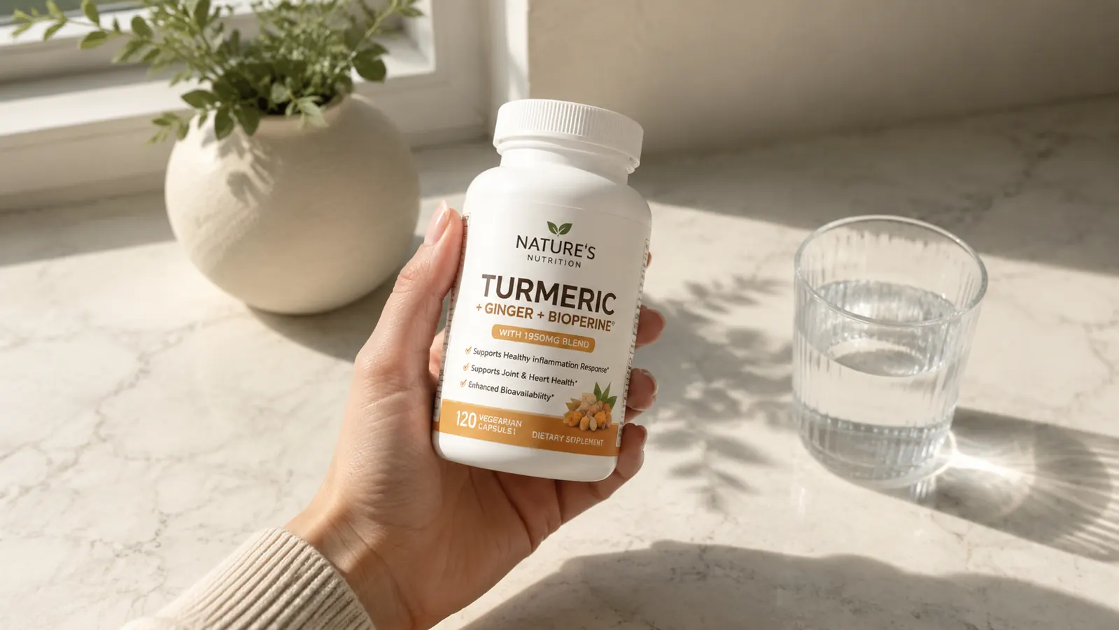 Hand holding a single turmeric-ginger supplement bottle above a cleared kitchen counter with just a glass of water