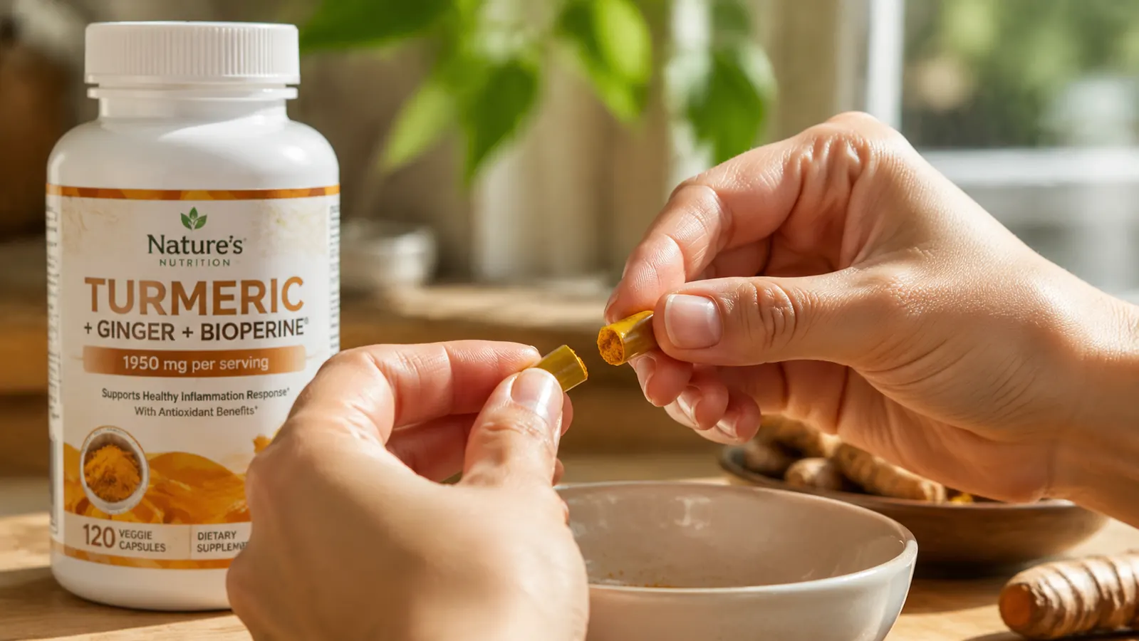 Hand holding open a turmeric ginger capsule above a white ceramic bowl to show golden powder inside
