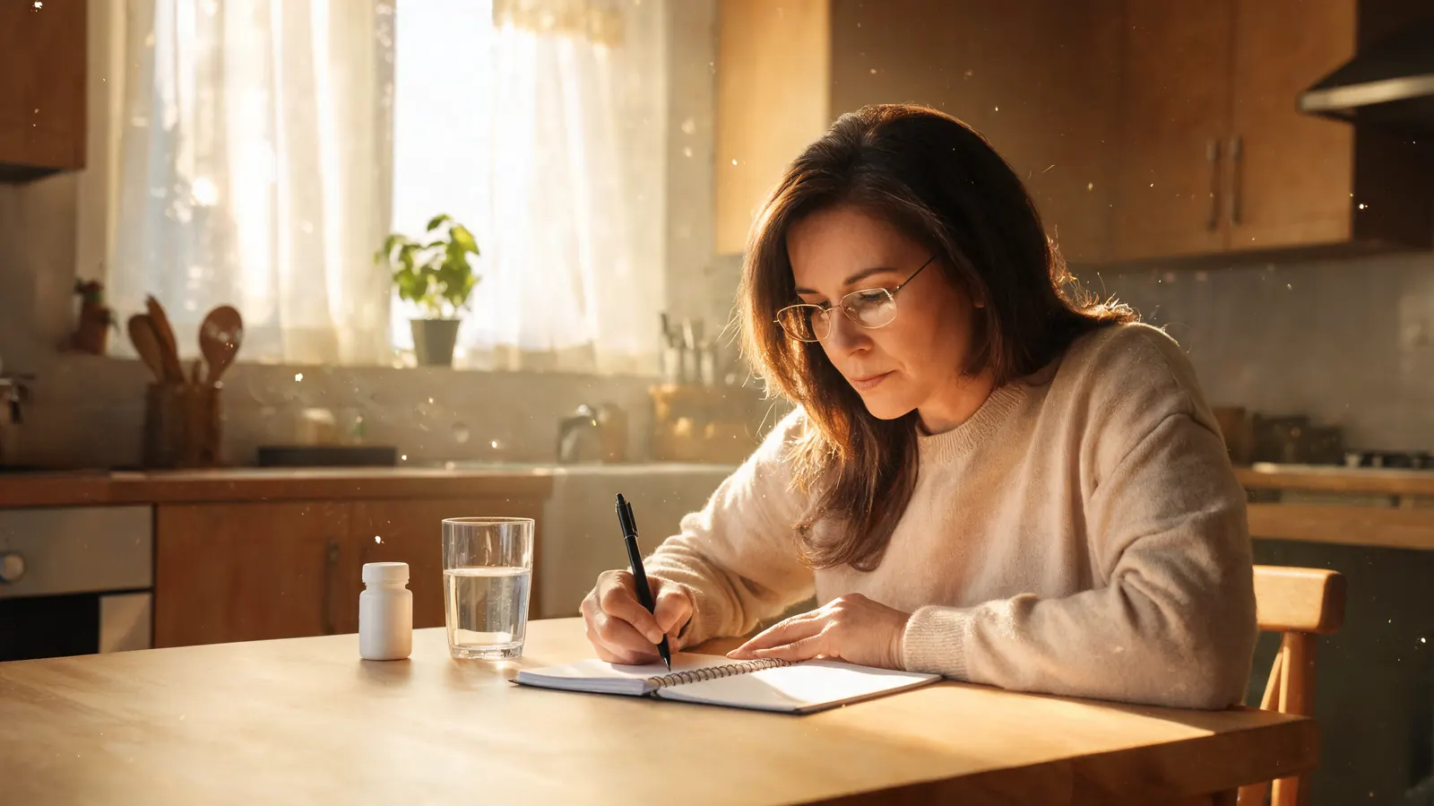 Woman in her forties writing in a supplement journal at a kitchen table with a glass of water and supplement bottle beside her